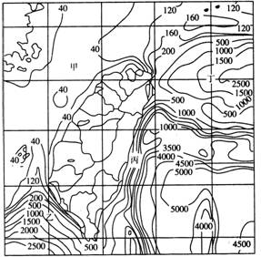 读某岛屿附近的海底地形图(等深线单位为米,回答问题.