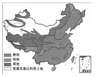 (2015 长沙学业考) 读我国土地资源分布示意图, 回答15,16题.