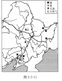 读东北三省主要矿产资源分布图和鞍山市工业结 构图(2010年) ,回答图片