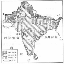 读南亚地形图,回答下列问题. ( 1 )填出图中字母代表的地理事物名