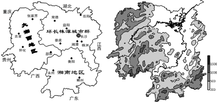 如图为湖南省内部分区图和湖南省地形水系图.读图,回答下列问题