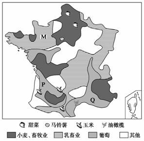 下图为"法国农业分布图",读图完成12～13题.