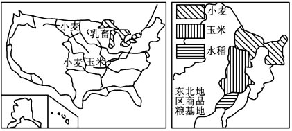 读美国中部平原和我国东北平原地区农业分布示意图,回答23～24题.