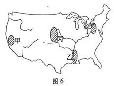 为美国主要农业区域分布简图,图中甲,乙,丙,丁四地灌溉用水量