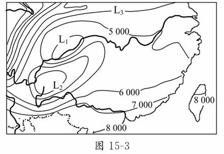 讀圖15-3,我國部分地區≥10℃積溫等值線圖(單位:℃),回答1,2題.