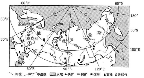 图为俄罗斯主要河流与l月平均气温分布图,读图完成5～6题