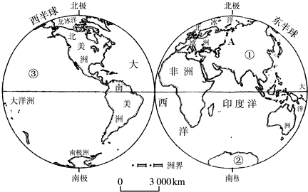 读七大洲与四大洋在东,西半球的分布图,完成26