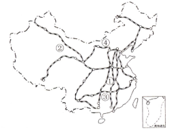 讀我國鐵路幹線圖,關於圖中數碼①②③④與鐵路線名稱對應正確的一組