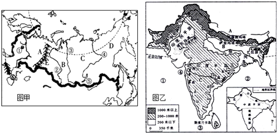 讀俄羅斯(圖甲),印度(圖乙)回答.