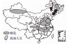 读我国棉花和高油大豆优势产区分布图,回答1-2题.