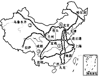 读中国铁路干线分布图,完成:关于图中数码①②③④与铁路线名称对应