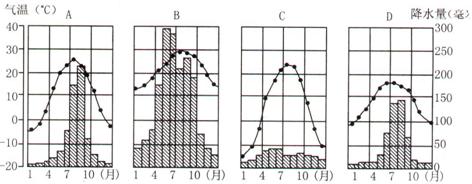 下面四幅氣溫曲線和降水量柱狀圖中,與北京和深圳的氣候類型都不吻合