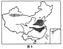 读我国某种农作物三大优势产区分布图,回答 22-23 题.