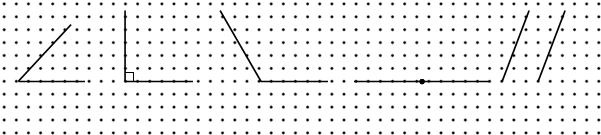 在点子图上分别画出一个锐角,直角,钝角,平角和一组平行线