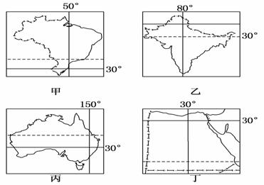 下圖為四個國家的輪廓簡圖,每個圖中標示了一些典型經緯線.