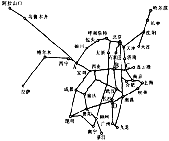 (1)將圖中字母所代表的鐵路樞紐城市及其交匯的鐵路線連接起來.