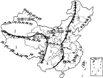 讀中國地形圖,完成填空.(1)寫出數字代表的地理事物名稱.