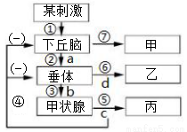 下圖為人體穩態調節的部分示意圖,其中數字①～⑦表示過程,字母a～d