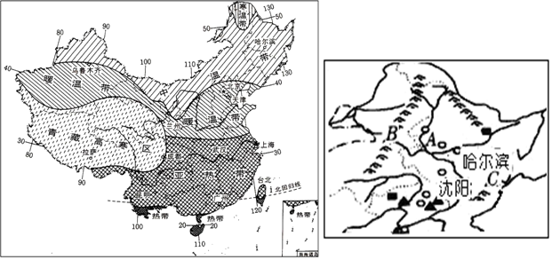 读中国温度带分布图和东北地区简图,完成7